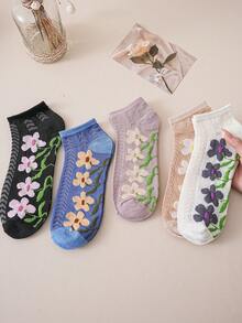 5双装女士短袜，日系时尚百搭甜美船袜，镂空玻璃丝花图案，舒适透气，适合日常休闲、运动、购物、约会、通勤、送礼、返校季、学生袜、可爱袜、甜美袜、斋月袜，适合各种场合和节日，春夏皆宜。