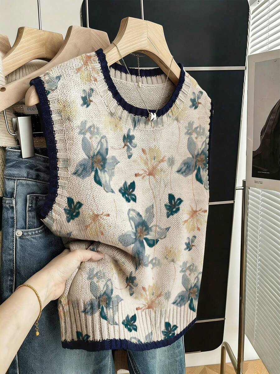 女士轻薄水彩花卉印花毛衣，休闲圆领背心，适合所有季节，叠穿设计，色彩鲜艳 - 淺藍色 - 查看 1