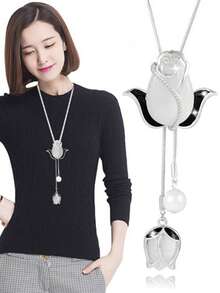 Novo Colar de Corrente de Suéter Estilo Europeu e Americano para Mulheres, Colar Longo Elegante, Pingente de Borla Versátil para Outono/Inverno, Acessório da Moda - Multicolorido - Visão 6