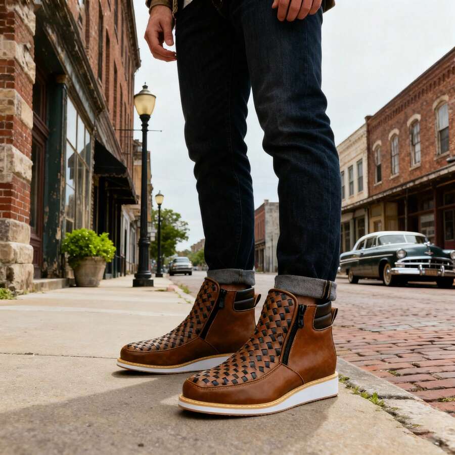 Botas vaqueras de estilo retro con cremallera lateral tejidas a mano en ratán, botas cortas casuales para hombres, botas planas versátiles, botas de cuero sencillas - Marrón - Ver 1