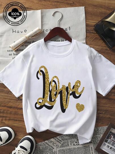 Valentine's Day Women's Short Sleeve T - Shirt All You Need Is Love Graphic Tee Casual Crew Neck Glitter Gold Print Top With Heart Pattern Loose Fit Tee For Holiday Dating Daily Wear