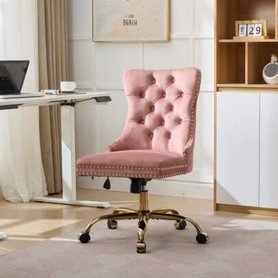 Modern Office Chair In Tufted Velvet With Gold Metal Base, Adjustable And Swivel (Pink), DE1923PK