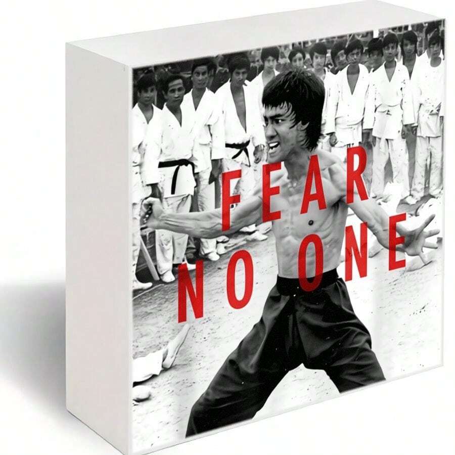 Decorative Wooden Box With Bruce  Dynamic Martial Arts Stance Black & White Photo, White Box Frame, Red 'FEAR NO ONE' Bold Text, White Martial Arts Uniform Observers Background - Stylish Home Office Decor, Gift For Martial Arts Enthusiasts, Strength & Confidence Theme Display Case - trắng - Xem 1