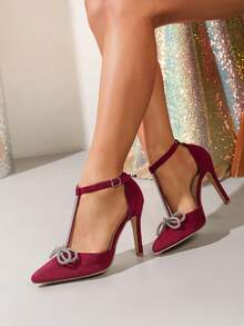 Women's T-Strap Rhinestone Bow High Heels, Burgundy Pointed Toe Hollow Out Stilettos, Fashion Party Wedding Date Night Club Pumps, Comfortable All Season - Burgundy - View 2