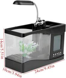 Acuario Recargable por USB con Luz LED, Pantalla LCD para Hora, Fecha, Temperatura, Soporte para Bolígrafo, Decoración para Sala de Estar, Dormitorio, Oficina (Negro) - Negro - Ver 2