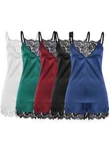 Women Sexy Lingerie Satin Pajamas Chemise Nightgown Silk Slip Sleepwear Lace Babydoll Soft Nightgowns - 藍色 - 查看 5