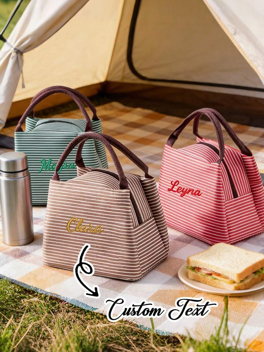 可定制午餐包，休闲条纹午餐包，便携式便当盒，可定制姓名和文字，午餐包和便当盒，手提袋，大容量手提袋，适合学生和女性，个性化野餐包，适合学校、通勤和旅行野餐，收纳袋，送给女朋友、男朋友、女儿、儿子、父亲、母亲、伴娘、婚礼、生日、母亲节、新年、斋月的理想礼物