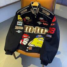 Embroidered Racing Motorcycle Jacket Men And Women Loose Retro  Baseball Cotton Clothes Couple Stand-Up Collar Thickened Coat - 黑色 - 查看 3