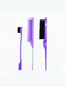 3pcs Smooth Hair Brush Set, Includes 1 Edge Brush, 1 Hair Brush, 1 Tail Comb, And 1 Fluffy Brush For Flyaways, Pink - Multicolor - View 7