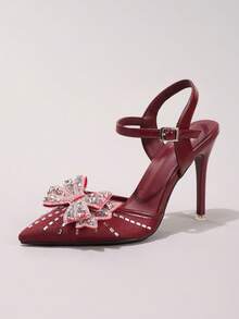 时尚水钻蝴蝶结高跟鞋，性感尖头晚宴派对鞋，精致宴会舞会细高跟鞋，酒红色 - 酒紅色 - 查看 18