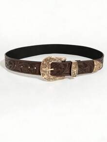 1pc Vintage Western Style Coffee-Color Metal Bull Head Buckle Dragon Embossed PU Leather Belt, Suitable For Daily Wear - Coffee - View 2