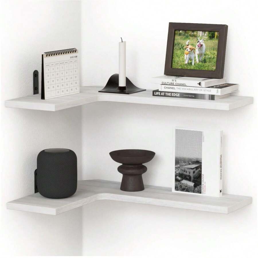 Floating Corner Shelves For Wall, Corner Wall Mounted Shelf For Home Décor Storage, Rustic Wood Shelves For Room, Bathroom, Bedroom & Kitchen - White - trắng - Xem 1