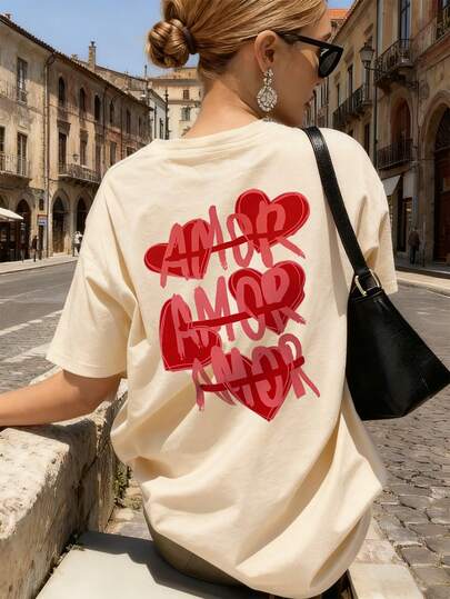 Camiseta de manga corta de verano para mujer con estampado de letras y corazones, de corte holgado y versátil, de cuello redondo, en color beige, adecuada para uso diario, vacaciones y atuendo del Día de San Valentín