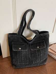 时尚大容量女士手提包，多功能多口袋帆布单肩包，适合大学生和通勤族使用。 - 黑色 - 查看 1