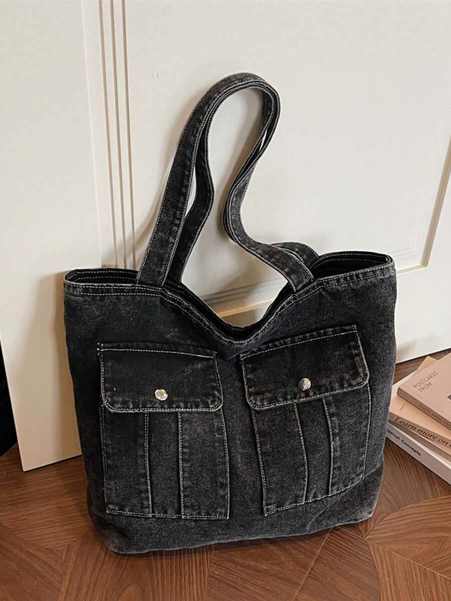 时尚大容量女士手提包，多功能多口袋帆布单肩包，适合大学生和通勤族使用。 - 黑色 - 查看 1