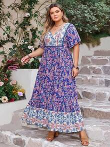 Plus Size Bohemian Style Floral V-Neck Dress, Patchwork Vintage Print Long Dress, Suitable For Vacation And Photo Shooting - Blue - View 8