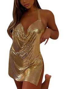 Women Bodycon Slit Dress Halter Neck Backless Glitter Mini Dress For Night Clubs Bars Party Female Outfits Clubwear - Vàng - Xem 1