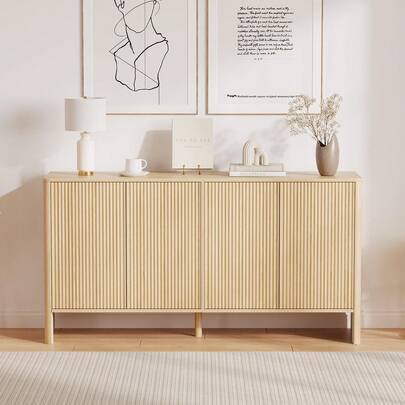 Aparador estriado de 58 pulgadas con almacenamiento, moderno clóset de almacenamiento con 4 puertas estriadas y estantes ajustables, clóset de madera Credenza, mesa de consola para cocina, comedor