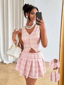 Aliling Women's Sleeveless Vest Button Front & Pleated Mini Skirt Two Pieces Set – Perfect For Elegant Party Looks, Date Night,Graduation, Wedding Guest Summer - Baby Pink - View 4