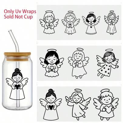 3张可爱小天使图案UV DTF贴纸，适用于装饰玻璃杯、马克杯、家具和笔记本。是完美的礼物、节日装饰、家居装饰、氛围装饰和DIY工艺品。
