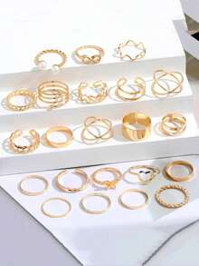 22PCS Stacking Rings Set For Women -Heart/Butterfly/Pearl Knuckle Rings - Adjustable Stackable Midi Rings For Party Daily Wear - Silver - View 5
