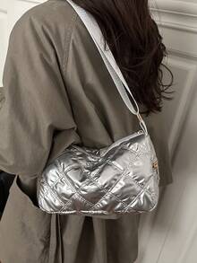 1pc Quilted Shiny Polyester Zipper Crossbody Bag, Fashionable For Women Daily Use - Silver - View 4
