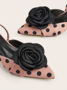 Zapatos de tacón alto de mujer con acabado de satén, diseño minimalista de unicolor y punta afilada, de estilo elegante y versátil para fiestas, con decoración floral y cómodos - Rosa de lunares - Ver 3