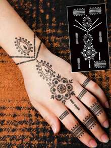 Hana手绘镂空纹身模板 极简主义 Hana新娘优雅蕾丝曼陀罗花卉图案贴纸 适用于手部、脚部、肩部、颈部、锁骨 半永久性假纹身贴纸 1包 - 黑色 - 查看 17