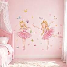 1张公主主题儿童卧室墙贴，卡通女孩身穿粉色连衣裙，手捧鲜花和爱心，适合婴儿房/游戏室DIY家居装饰墙贴 - 彩色 - 查看 11