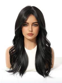 Tóc giả dài vừa phải 20 inch màu đen dành cho nữ, kiểu tóc xoăn sóng tự nhiên, chịu nhiệt, chất liệu tổng hợp, phù hợp cho nữ sử dụng hàng ngày, ở nhà hoặc đi nghỉ mát, có mái. - màu đen - Xem 3