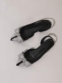 新款时尚女士尖头黑色珍珠蝴蝶结鞋 - 黑色 - 查看 5