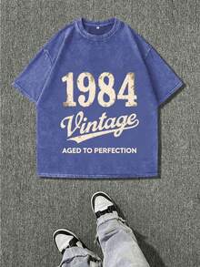 1984 Vintage Oversized T-Shirt - Aged To Perfection Stone-Washed Retro Distressed Black Tee With Vintage Print, Unisex Loose Fit Casual Streetwear For Men & Women, All-Season Comfort, Durable Hot Transfer Graphic - 寶藍色 - 查看 4
