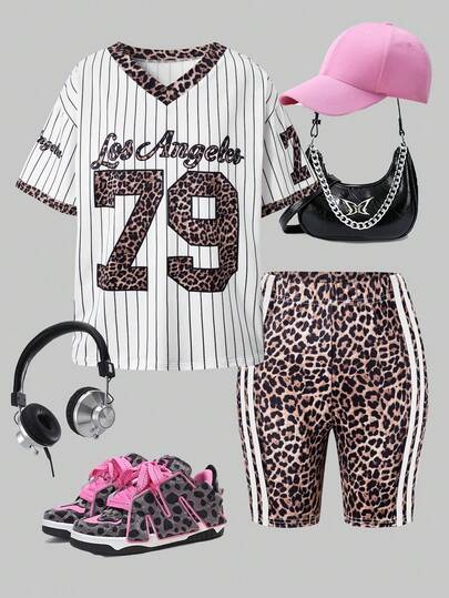 2pcs/Set White Striped & Leopard Print Colorblock V-Neck Loose T-Shirt Paired With Fitted Leopard Print Shorts, Striped Patchwork Design, Brown, Summer Sports & Streetwear Style, Suitable For Outdoor, Vacation, Summer, Casual, Sports, Cycling And More