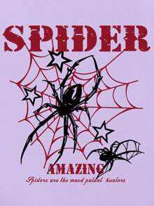Cartoon Spider Print Round Neck T-Shirt, Casual Soft Top For Summer - Purple - View 3