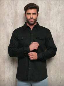 Men's Long-Sleeved Dress Shirt With Pocket - 黑色 - 查看 1