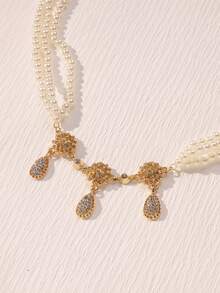 Herseygold 1 Set Pearl Necklace Earrings Gold-Plated Women's Headpiece Jewelry Set, Middle Eastern Arabic Muslim Bride Necklace Set, Luxury Wedding Gift - Gold - View 6