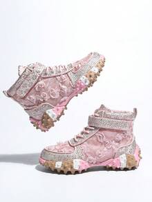 Giày thể thao đế dày dành cho nữ, giày thể thao thường ngày, giày đi bộ hàng ngày, đính đá và họa tiết hoa, thích hợp cho các hoạt động thể thao ngoài trời và các bữa tiệc (Kích thước nhỏ hơn so với bình thường, nên đặt mua lớn hơn một cỡ) - Hồng - Xem 1