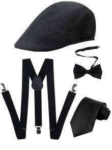 2/3/4/5+ Pcs 1920s Gangster Costume Accessories Set, Newsboy Cap, Suspenders, Tie, Pre-Tied Tie Accessories Set, Halloween - Multicolor - View 3
