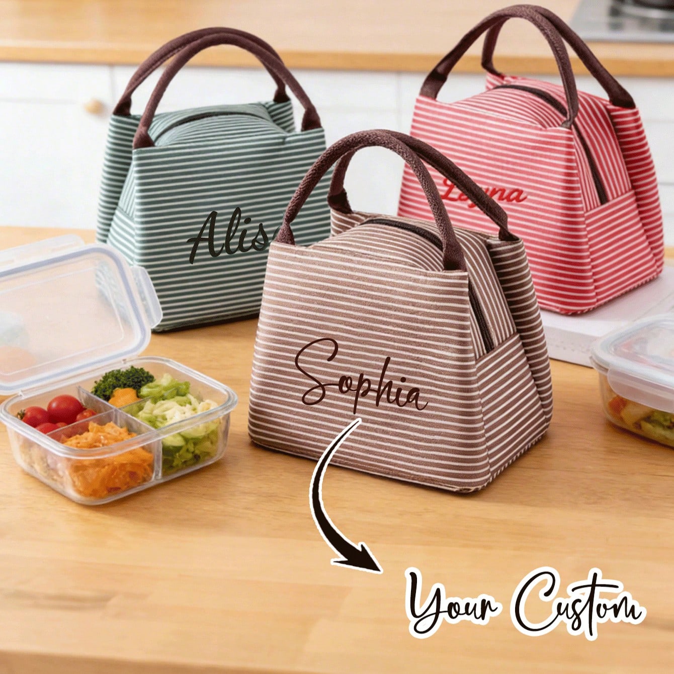Bolsa de almuerzo personalizable, bolsa de almuerzo a rayas casual, caja de bento portátil, personalizable con nombres y texto, bolsa de almuerzo y c