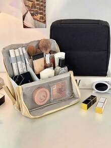 Large-Capacity Upright Makeup Bag - Multi-Room Travel Makeup Organizer, Fabric And Mesh Pockets, Portable Desktop Skincare And Makeup Tool Organizer (Beige/Black), Disposable Makeup Bag/Sturdy Zipper Switch Bag, Makeup Bag, Vanilla, Makeup Bag, Organizer Bag, Makeup Bag, Toiletry Bag, Desktop Organizer Bag, Shuxin Makeup Bag, Large Opening Upright Large-Capacity Makeup Organizer, Office Desktop Organizer Bag/Pencil Case - Multicolor - View 3