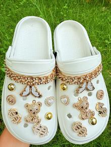 Conjunto de 18 peças de botões decorativos removíveis com strass dourado em formato de ursinho, corrente e flor para sapatos de jardim. Ideais para sapatos de praia, sapatos vazados, presentes de Natal e para todas as estações. - Ouro - Ver 4