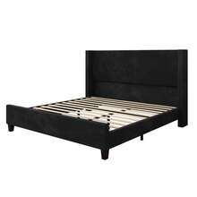 Queen/King/California King Size Platform Bed Frame With 50.8" Corduroy Upholstered Bed, Vertical Channel Tufted Wingback Headboard, Wooden Slats Support, No Box Spring Required - 黑色 - 查看 10