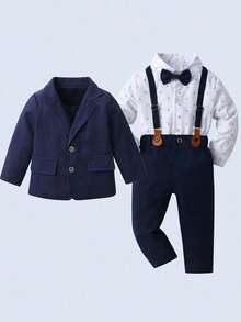 3pcs Young Boys Gentleman Outfit - White Long Sleeve Shirt With Bow Tie, Suspender Pants, And Navy Blue Suit Jacket, Fashionable & Outfit For Birthday Party, Wedding, Ring Bearer, Formal Occasions - Navy Blue - View 1