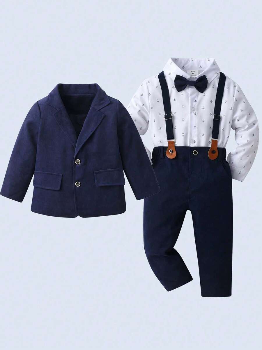 3pcs Young Boys Gentleman Outfit - White Long Sleeve Shirt With Bow Tie, Suspender Pants, And Navy Blue Suit Jacket, Fashionable & Outfit For Birthday Party, Wedding, Ring Bearer, Formal Occasions - Navy Blue - View 1