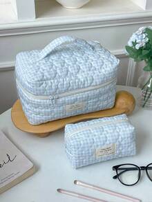1件/套蓝色格子绗缝大容量化妆包化妆品收纳包，女孩甜美时尚便携化妆包旅行化妆包，多功能拉链收纳袋，可装口红、卫生巾、硬币、钥匙、发夹、发圈等，可爱旅行洗漱包旅行收纳化妆包，母亲节礼物，开学礼物，新年礼物 - 藍色 - 查看 15