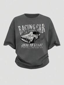 两件套女童休闲套装 - 宽松针织印花圆领上衣和休闲短裤，适合日常穿着、返校、度假、家庭户外活动、春季野餐和各种场合。 - 灰色 - 查看 5