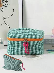 柔软格纹撞色拉链化妆包：轻便易携，多功能旅行收纳包，时尚女士配饰。大学、度假旅行必备，女士化妆品收纳旅行包。化妆包、化妆袋、化妆品收纳包、化妆盒、包、梳妆台、化妆袋、小型化妆包、化妆袋、圣诞礼物、小包、手拿包/手提包、化妆品收纳袋、小包、刷具收纳包、迷你包、大容量包、圣诞礼物、推荐女士礼物 - 彩色 - 查看 18