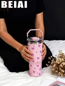 1pc 900ml Cute Bow Pattern Double Wall Stainless Steel Insulated Tumbler, Flat Bottom Cup, Coffee Cup, Car Cup, Cup, Water Bottle, Outdoor Water Bottle, Tea Cup, Vacuum Bottle, With Drinking Spout And Straw Design, Suitable For Outdoor, Office, Home, School, Car, Gym, Travel, Birthday Gift, Holiday Gift, Mother's Day Gift, Father's Day Gift, Back To School, Valentine's Day Gift - Multicolor - View 9