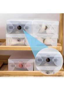 10个装可折叠透明塑料鞋盒 - 防水、防尘、可堆叠塑料鞋盒，透明鞋盒，鞋子收纳盒，适用于运动鞋、高跟鞋、衣物及其他物品 - 可折叠加厚收纳盒，适用于衣柜、公寓、小空间、宿舍、卧室 - 白色 - 查看 5