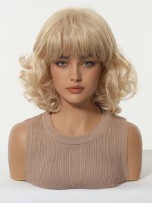 12英寸金色短卷发假发，带刘海，复古甜美风格，自然合成假发，适合女性日常、派对、婚礼和其他场合。 - 金色 - 查看 4